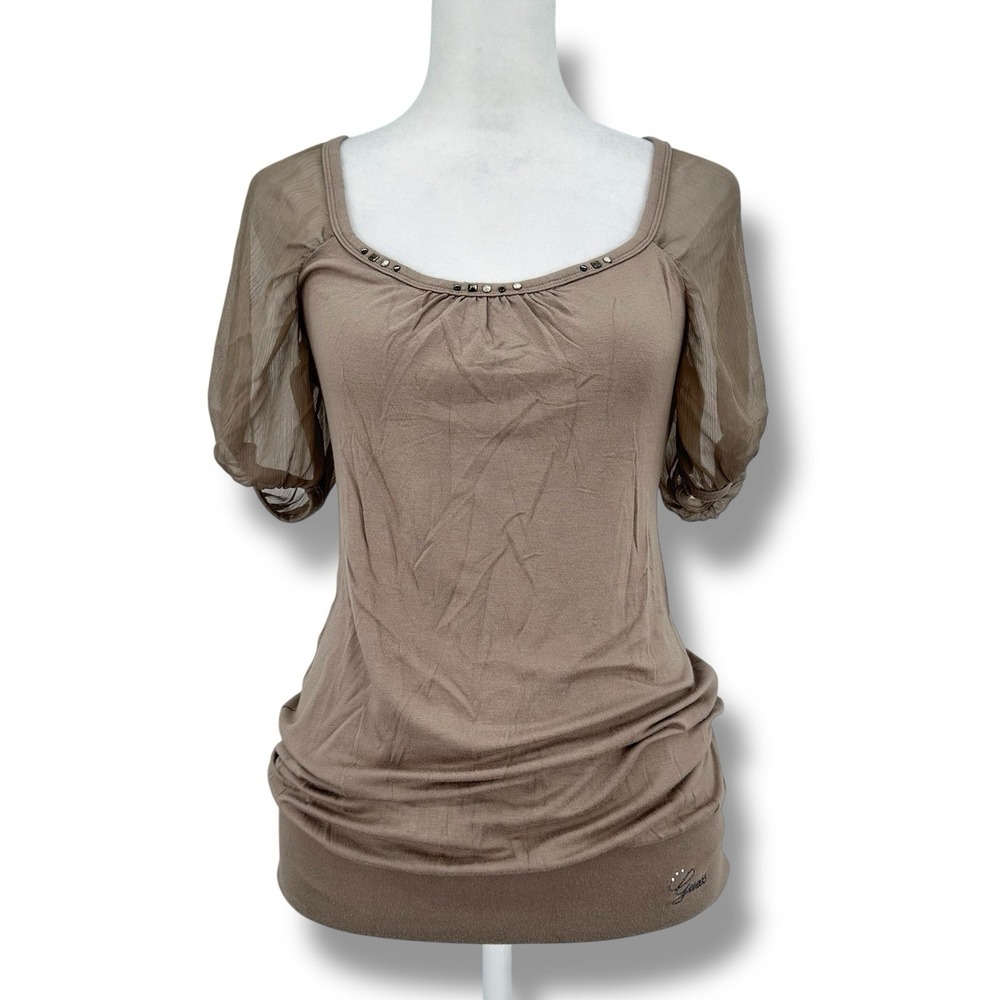 Guess Women's Top S Taupe Sheer Puff Sleeve Studded Y2K Coquette Cutout Back